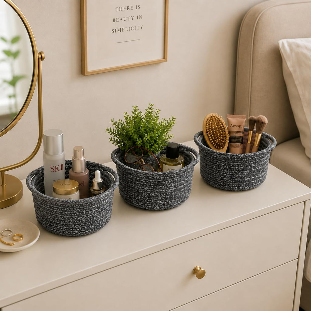 Small Woven Cotton Rope Baskets with Handles, Set of 3, Grey