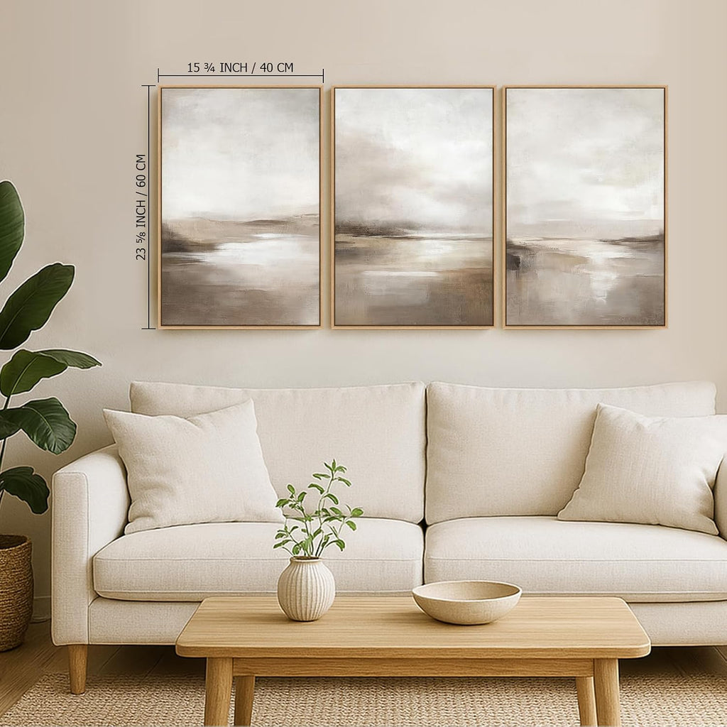 Neutral Abstract Framed Wall Art - Minimalist Modern Nordic Calm Canvas Print Set, Landscape Shapes Earth Tone
