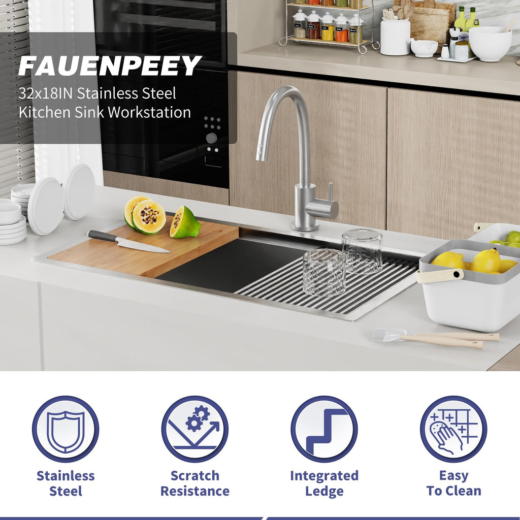 32x18 Inch Stainless Steel Kitchen Sink Workstation, Undermount, Single Bowl