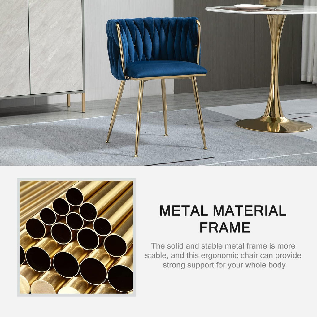 Woven Velvet Dining Chairs Set of 2, Upholstered Velvet Dining Chairs with Gold Metal Legs, Modern Style, Blue