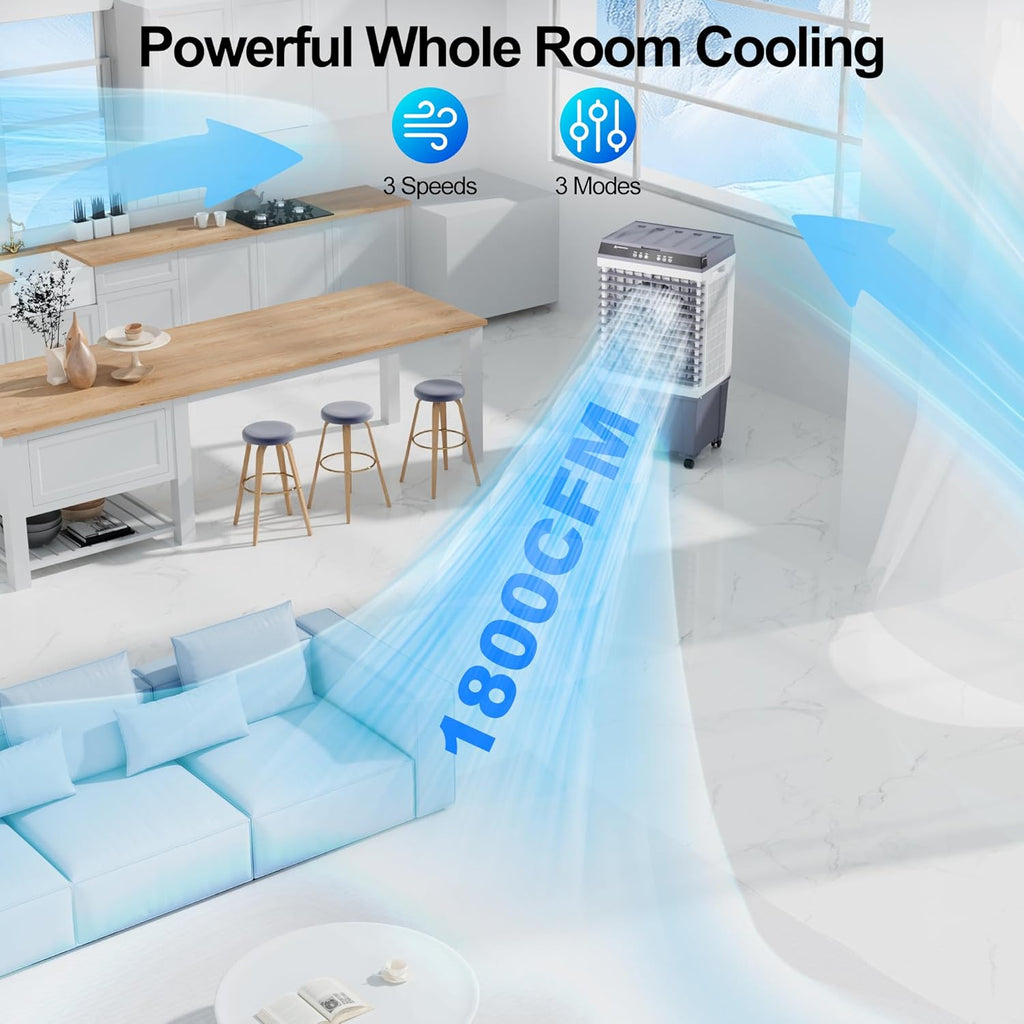1800 CFM Evaporative Air Cooler, 3-IN-1 Swamp Cooler Air Conditioner with Copper Motor, 5.3 Gallon Water Tank