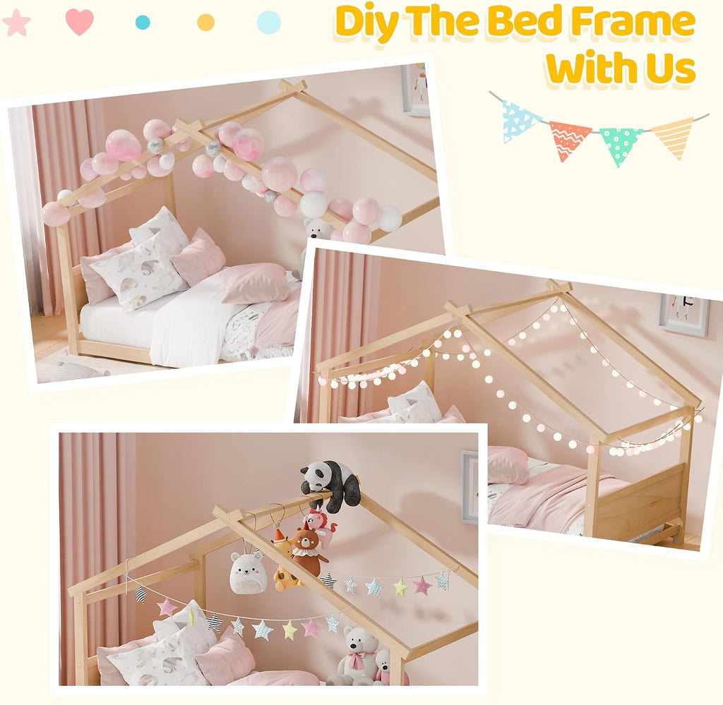 Tw Bed, Montessori Floor Bed with Headboard & Footboard, Solid Wood Bed Frame for Toddlers Kids Bedroom, Natural