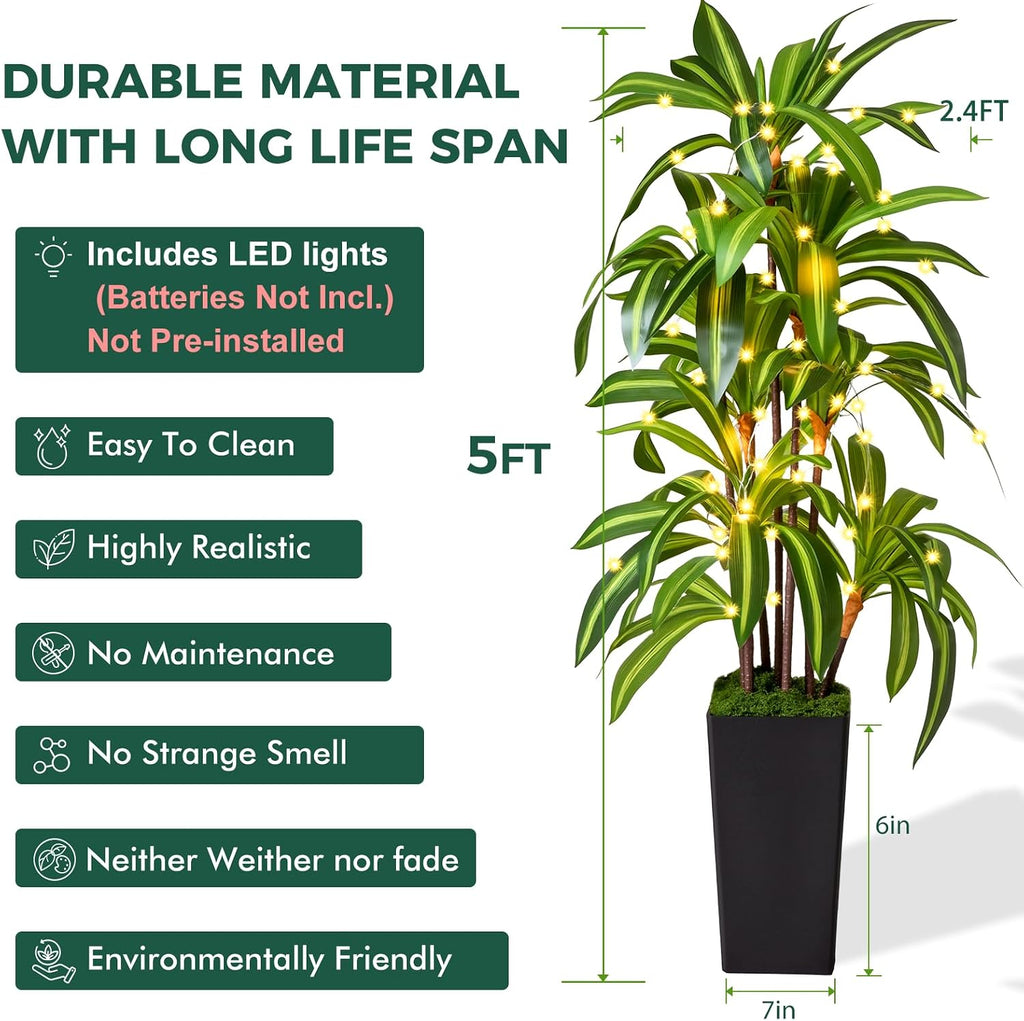 Artificial Dracaena Tree 5FT, Fake Plants with Black Tall Planter - Fake Tree Tall Faux Plants Indoor Floor Plant