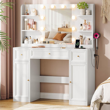 Large Vanity Desk with Mirror and Lights, Makeup Vanity with Power Outlets, 3 Drawers and 2 Large Cabinets, 3
