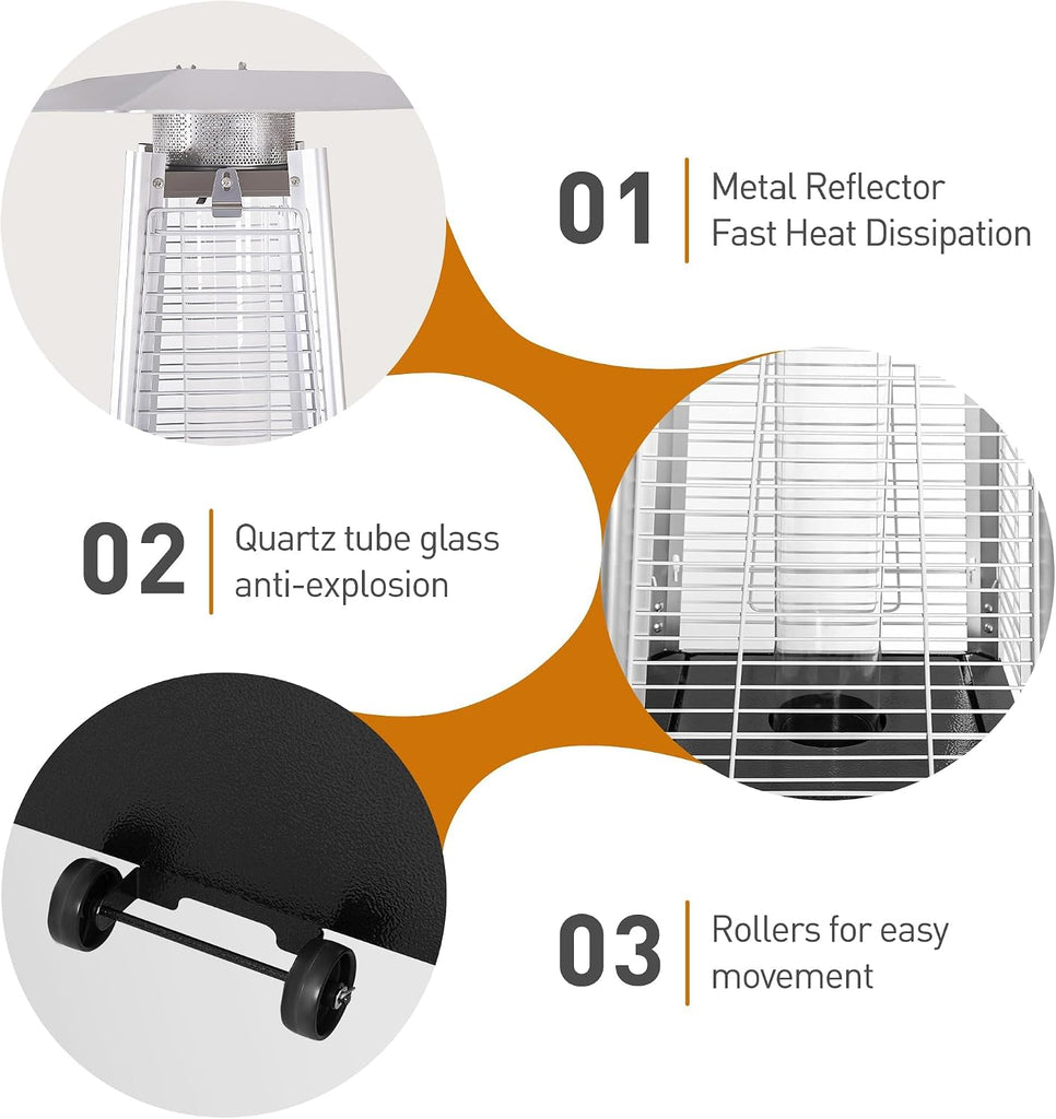 Veemuao 48,000 BTU Pyramid Patio Heater Outdoor Propane Gas Heater with Quartz Glass Tube, Wheels & Cover, Stainless