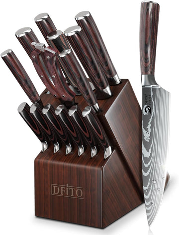 Kitchen Knife Set, 15 Pieces Knife Set with Block and Sharpener | High Carbon Stainless Steel Chef Knives Sets with