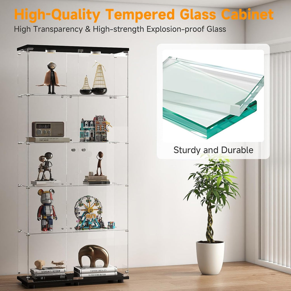 Glass Display Cabinet 5-Tier with LED Lights, Double Door, Black