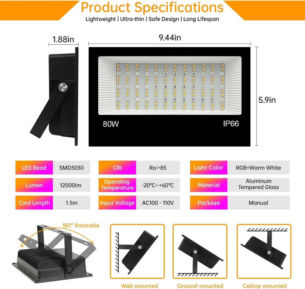 LED Flood Light Outdoor, 80W RGB Color Changing Smart Floodlights 2700K 8000LM Warm White & 16 Million Colors, RGBW