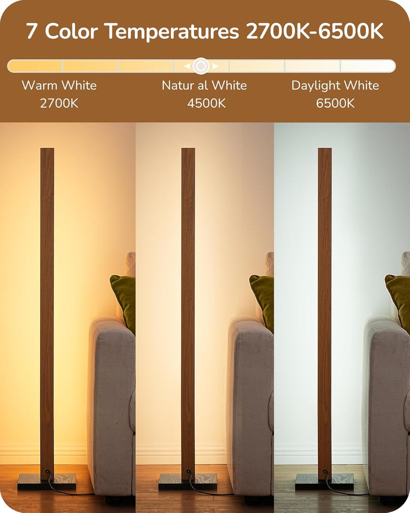 Mid Century Modern Floor Lamp with Remote, Dimmable Wood LED Corner Lamp, Minimalist Standing Mood Lighting