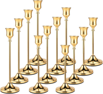 Brass Gold Candle Holders Set of 12, Metal Taper Candlestick Holders in 3 Heights - Vintage Candle Stick Holder Brass