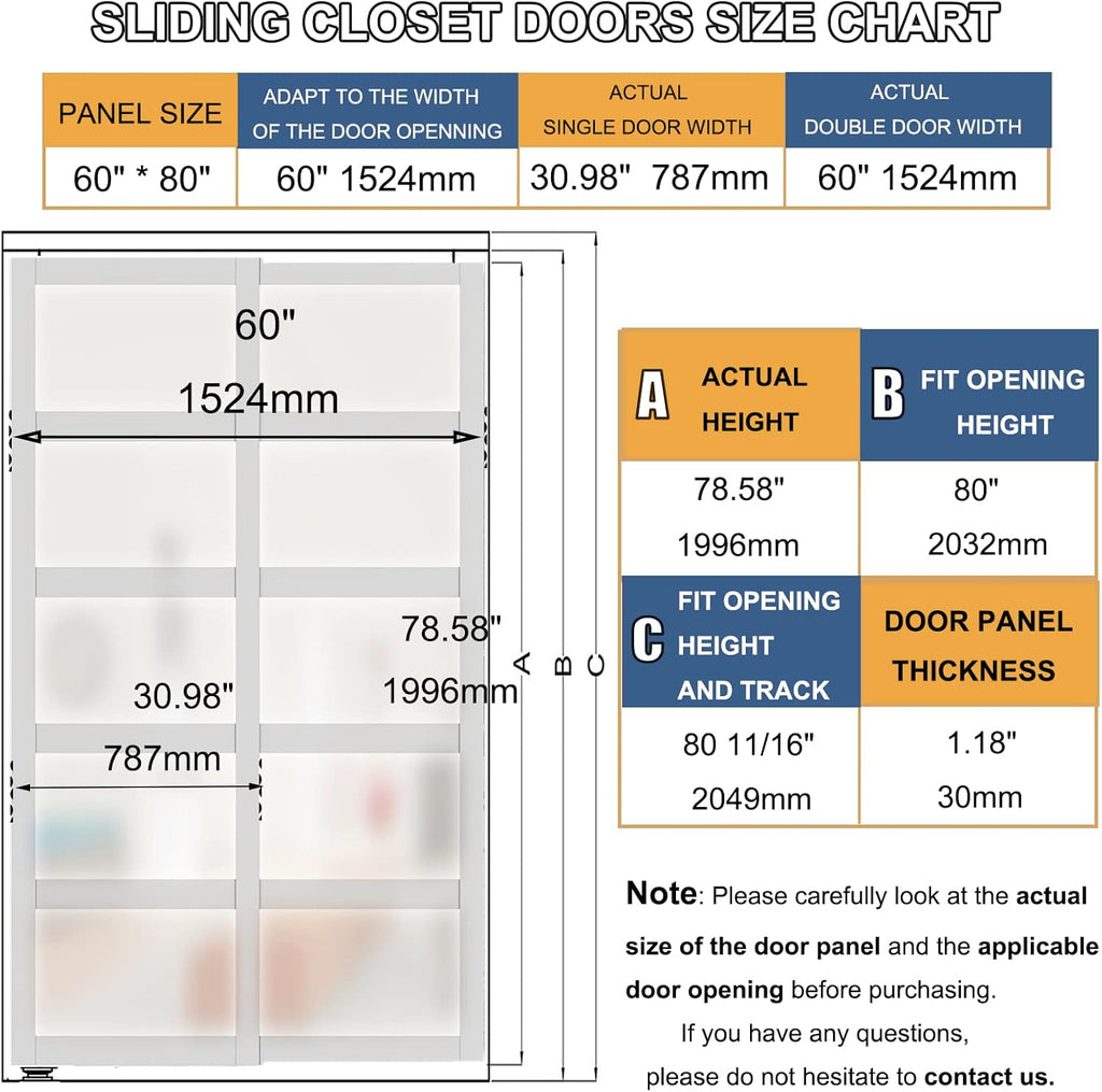 Sliding Closet Door, 5-Lite Frosted Glass Interior Door, 60"(Double 30") x 80" Closet Doors with Com