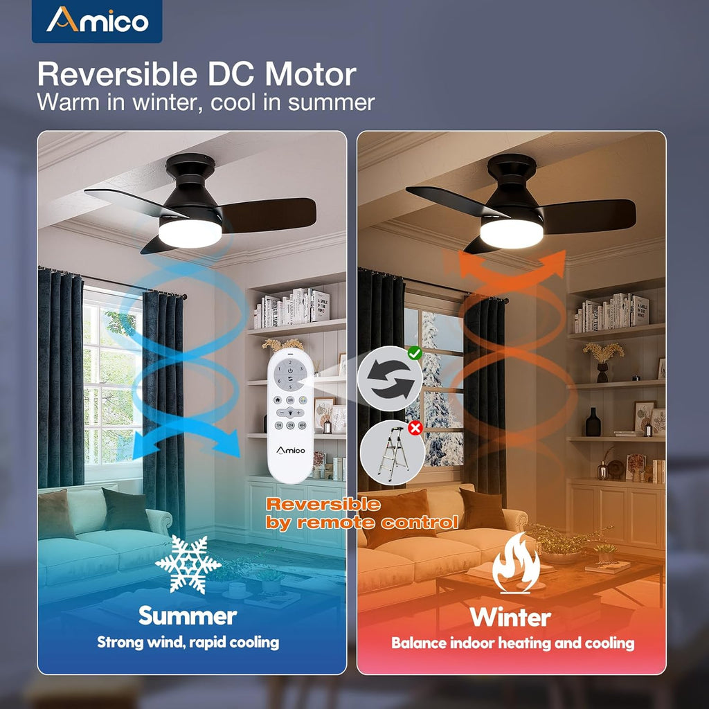 Ceiling Fans with Lights, 30 inch Low Profile Ceiling Fan with Light and Remote Control, Flush Mount, Reversible, 3CCT, Dimmable, Noiseless, Black Ceiling Fan for Bedroom, Indoor/Outdoor Use