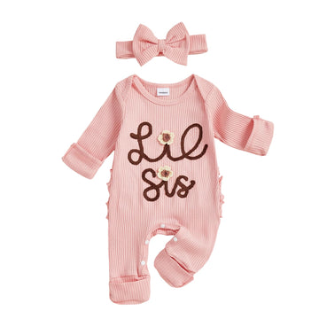 Girl Clothes Little Sister Outfits Ribbed Knit Long Sleeve Romper Jumpsuit Newborn Coming Home Clothing (Pink Lil