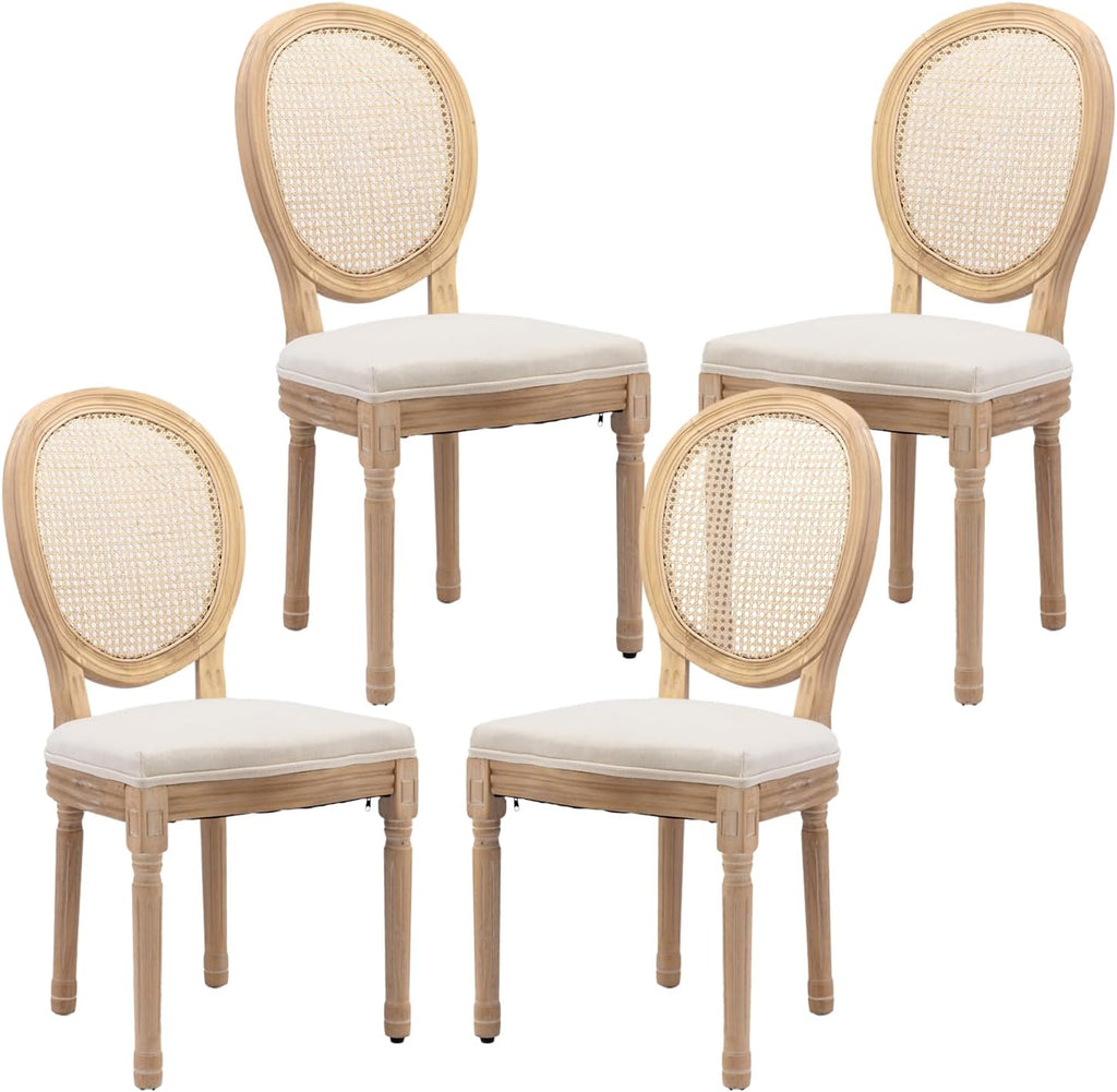 French Country Dining Chairs Set of 4,Farmhouse Upholstered Dining Room Chairs with Round Back and Solid Leg,Rattan