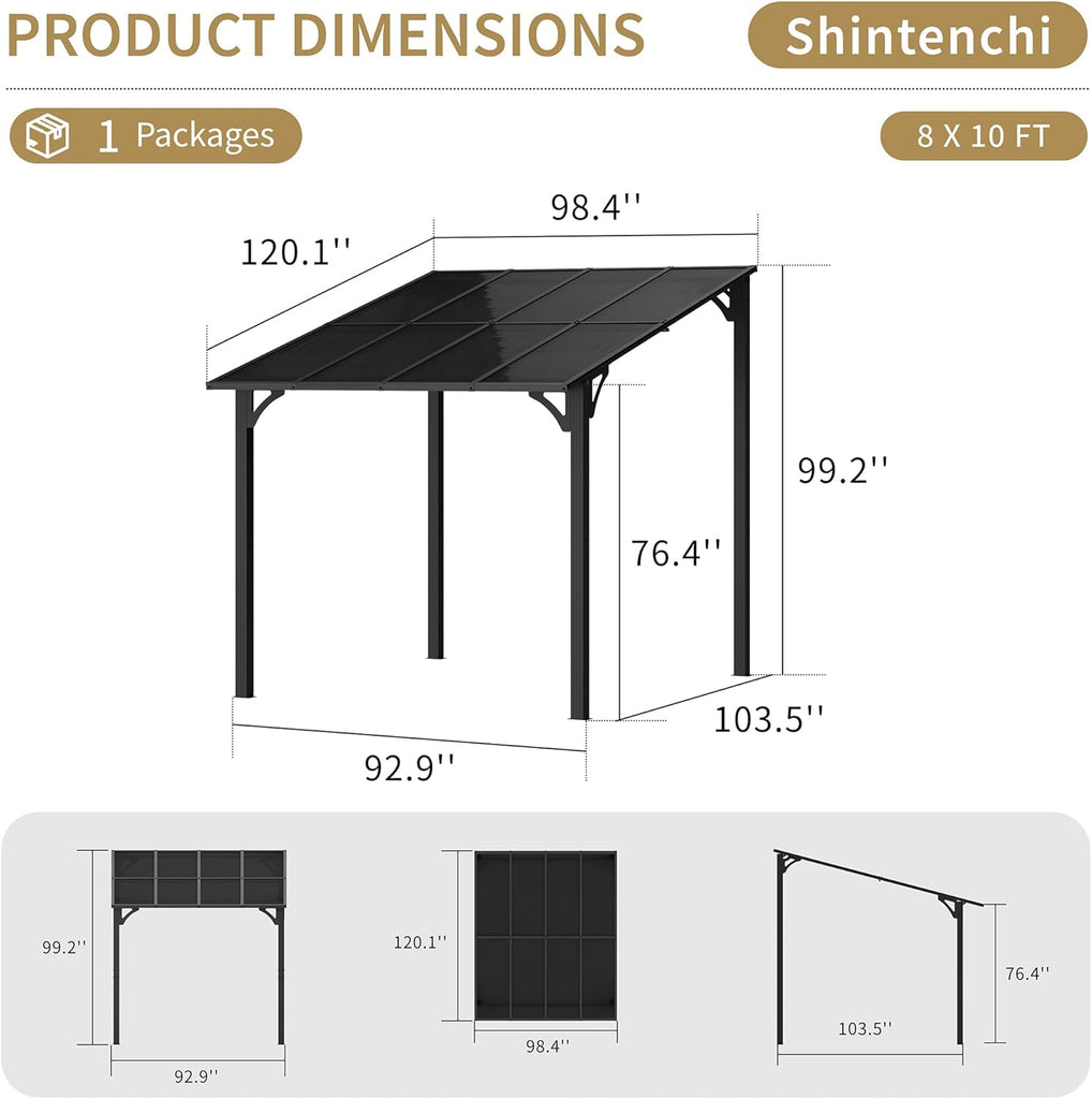10’x 8’ Gazebo for Patio,Hard Top Lean to Gazebo Pergola with UV Protection Roof,Large Wall-Mounted Heavy
