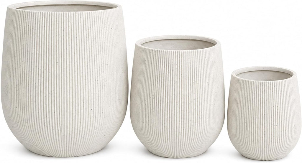 Set of 3 Fluted Round Polystone Indoor/Outdoor Planters, White, Sizes: 20.1 x 20.1 x 20.9 in., 15.1 x 15.1 x 16.5