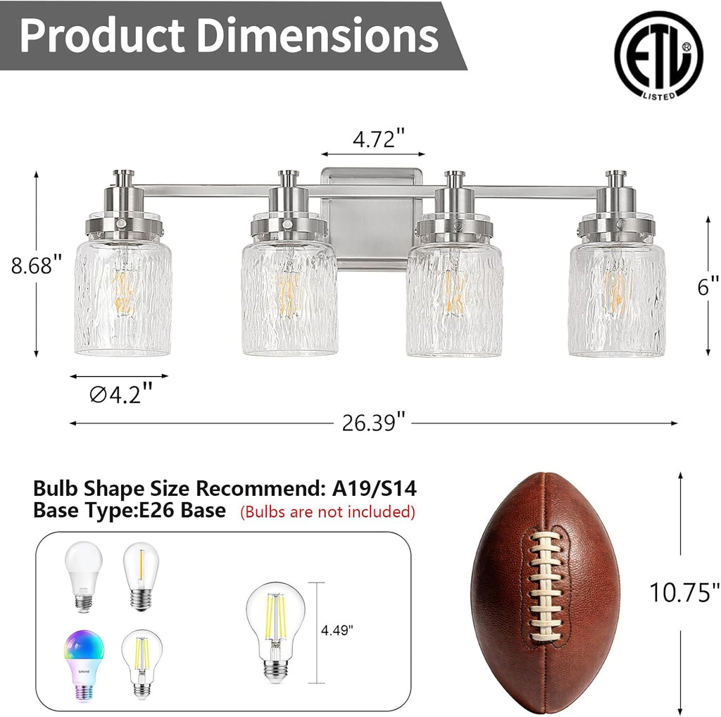 4 Lights Bathroom Light Fixtures Farmhouse Brushed Nickel Vanity Lights Lighting Fixtures Over Mirror with Hammered