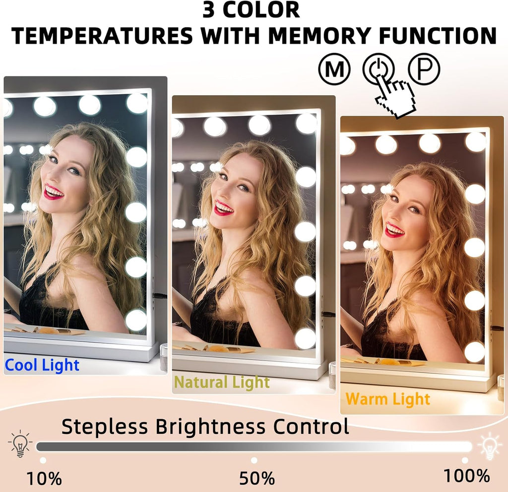 Vanity Mirror with Lights 22.8"x 18.1" Makeup Mirror with Lights and 15 Dimmable Bulbs,3 Colors Modes,Hollywood Mirror