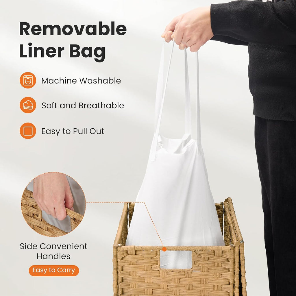 Woven Laundry Basket with Lid, 90L Large Capacity Hamper, Removable & Machine-Washable Liner, Foldable Rattan Clothes