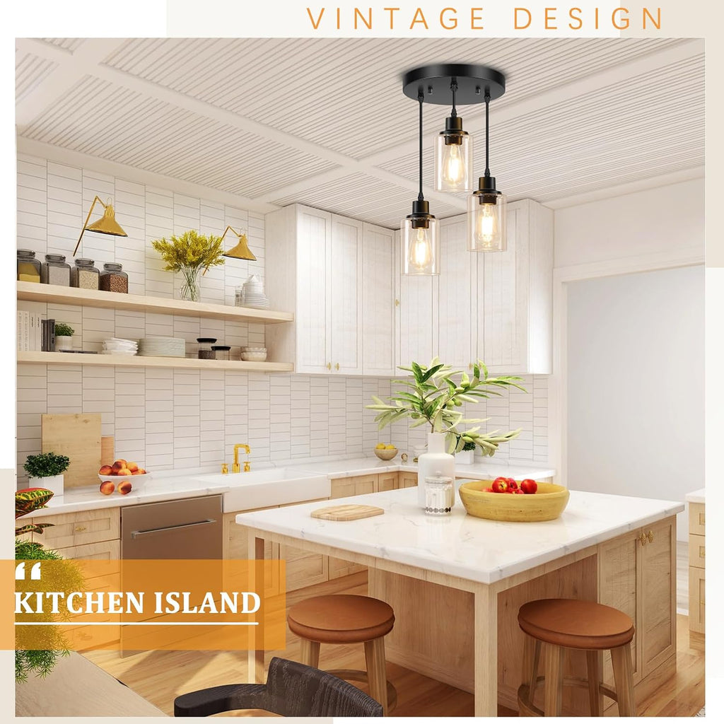 3-Light Pendant Light Fixtures, Black Pendant Lights Kitchen Island, Adjustable Pendant Lighting with Clear Glass
