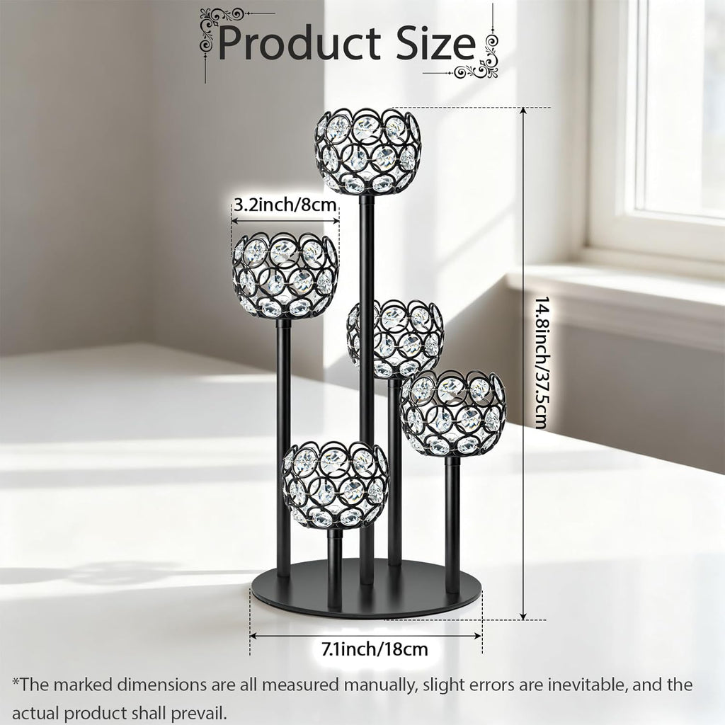 5-Arm Crystal Tealight Candelabra Centerpiece, 14.8 Inch Metal Candle Holder for Table Decor, Wedding, Christmas