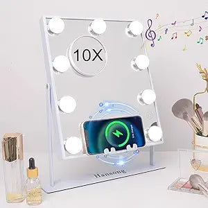 Lighted Vanity Mirror with Bluetooth Speaker and Wireless Charging Makeup Mirror with Lights 9 Dimmable Bulbs Lighted