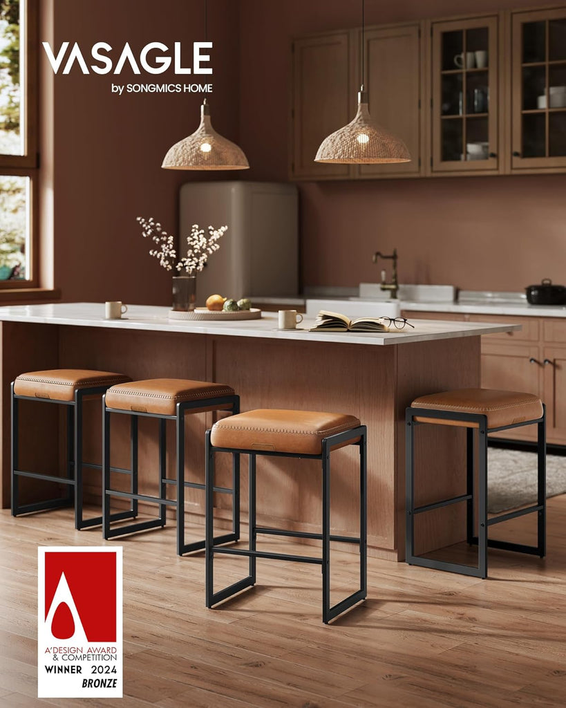 EKHO Collection - Bar Stools Set of 2, Counter Height Bar Stools, Synthetic Leather with Stitching, Mid-Century