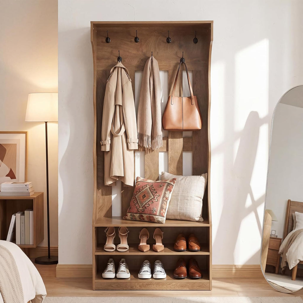 3-In-1 Coat Rack with Shoe Bench, 70.9" Tall Hall Tree with 7 Hooks, Farmhouse Entryway Coat Rack with 2 Tier Shoe