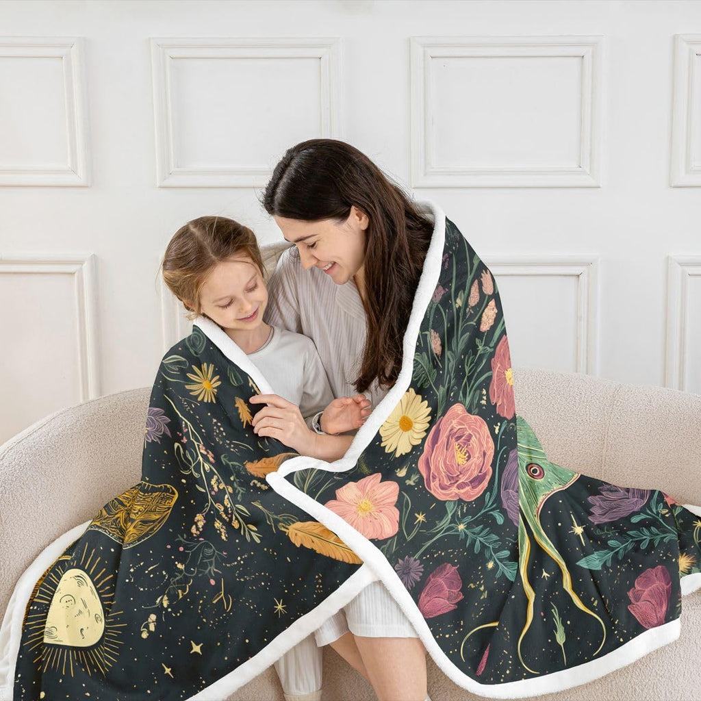 Moth Wildflower Throw Blanket Dark Witchy Boho Bed Sofa Couch Partner Botanical Neutral Living Room Decor Lightweight