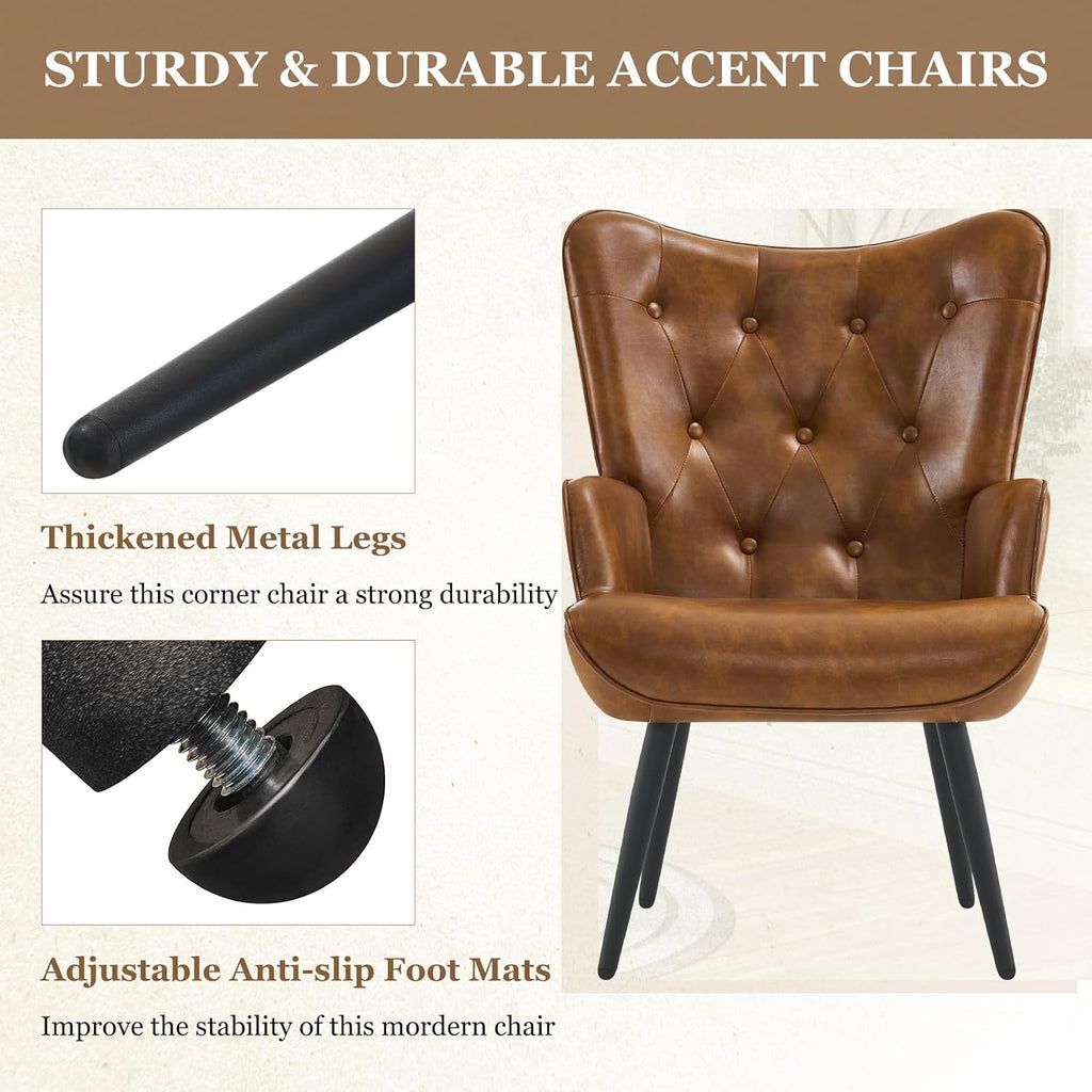 Accent Chairs Set of 2, Brown PU Leather Reading Armchair with High Backrest, Wingback Corner Chair Mid Century