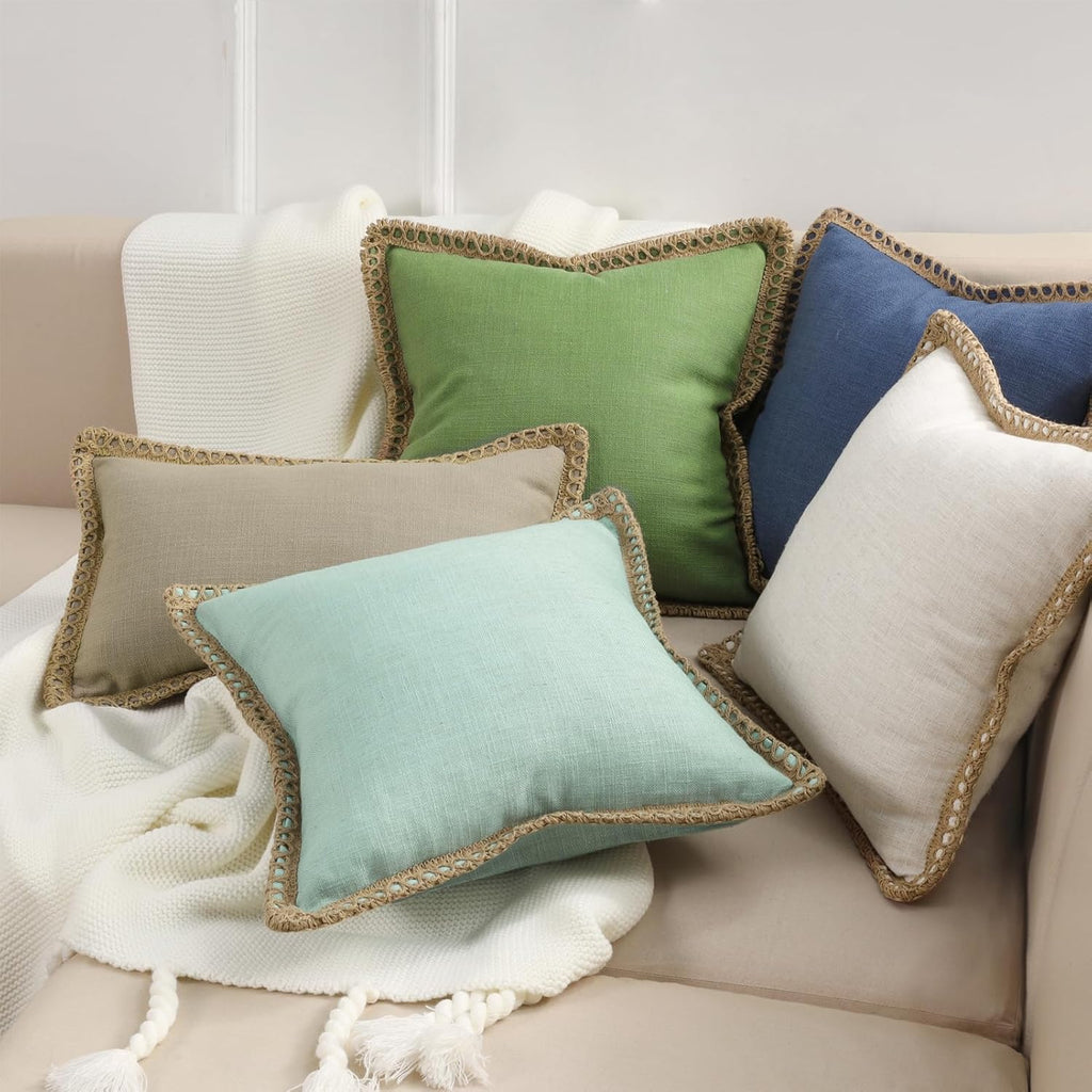 Pack of 2 Farmhouse Modern Spring Decorative Throw Pillow Covers Burlap Linen Trimmed Outdoor Pillows Tailored Edges