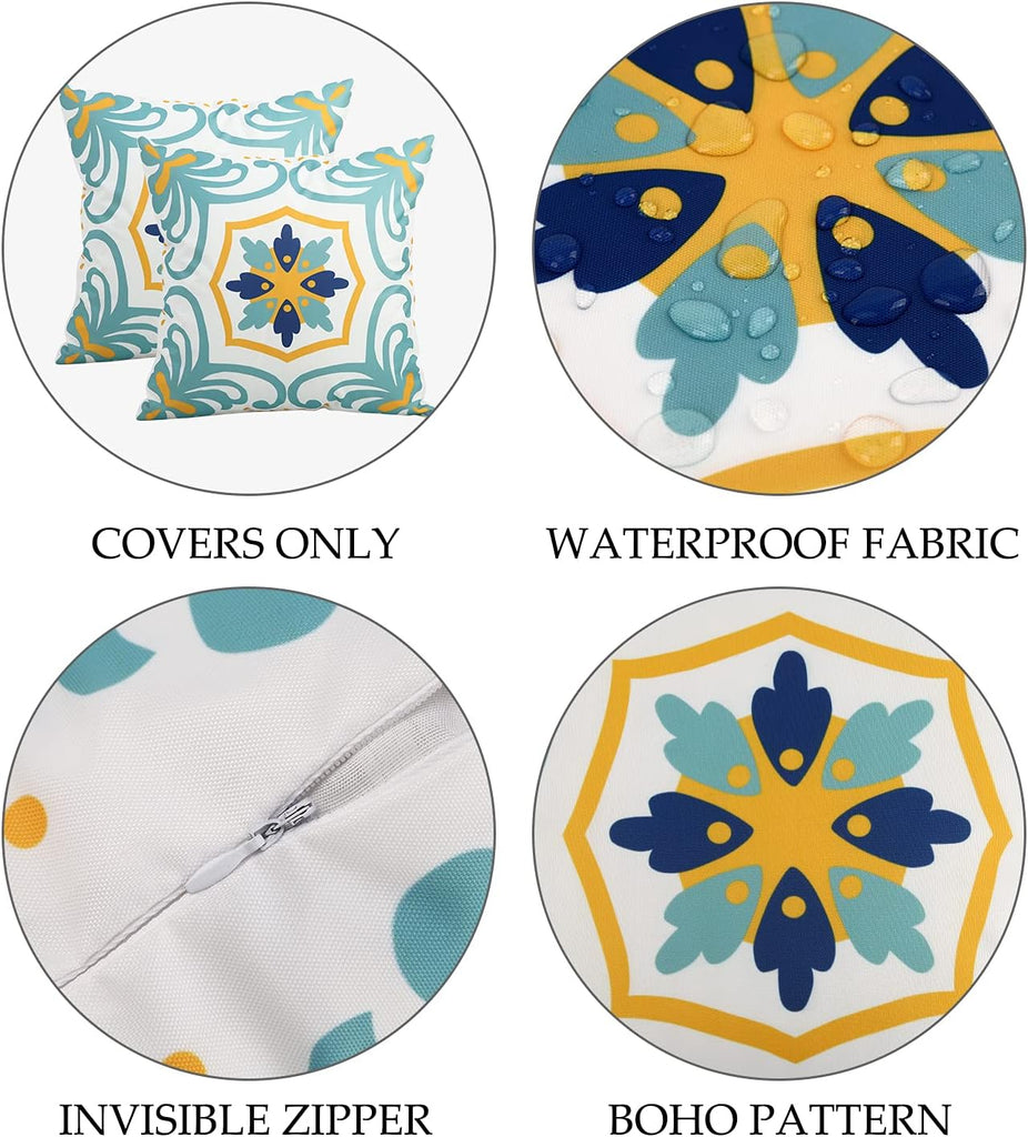 Outdoor Waterproof Throw Pillow Covers Set of 4 Floral Printed and Boho Farmhouse Summer Outdoor Pillow Covers