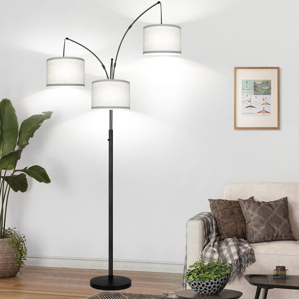 Dimmable Floor Lamp, 3 Lights Black Arc Floor Lamp, Modern Tall Standing Tree Lamp with Grey Linen Shades & Heavy Base