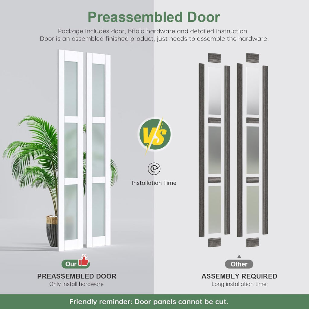 Bifold Doors for 32"×80-3/4" Opening, Preassembled White Frosted Glass Folding Barn Door, Sliding Interior Wood Panel