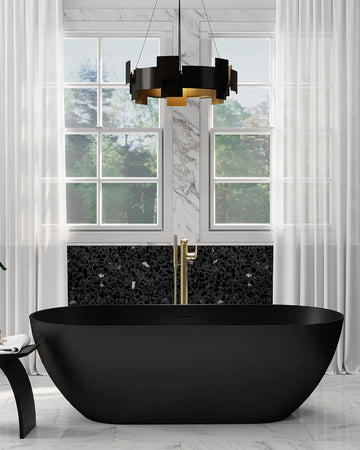 59" Free Standing Tub, Oval-Shaped Stone Resin Freestanding Bathtub Matte Black Solid Surface Soaking Tub with Drain