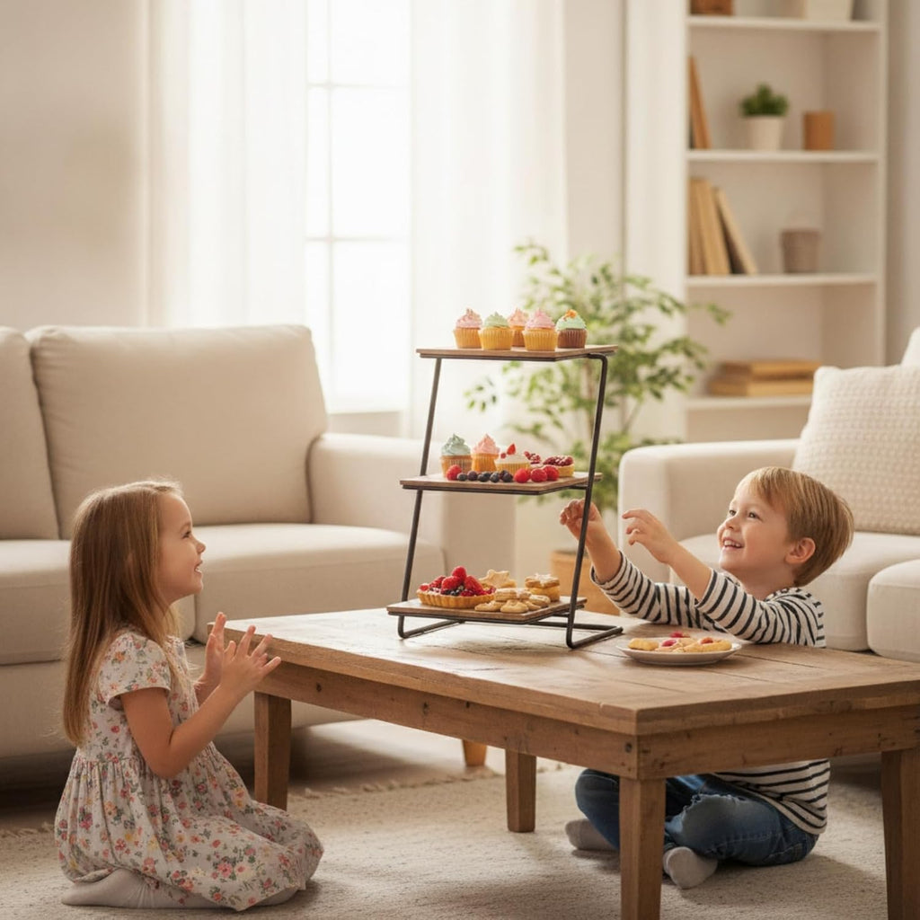 Three Tier Dessert Stand Tiered Serving Stand Cake Stand Display Rack With Sturdy Iron And Wood Shelves compact