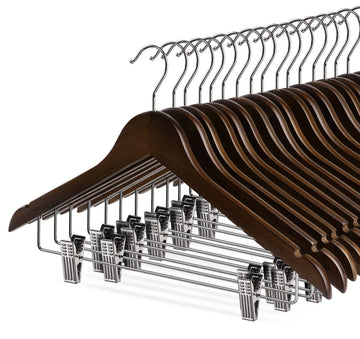 Wooden Clothes Hangers with Clips, 16Pack Wood Skirt Hangers with Clips, High-Grade Selected Walnut Wood Hangers with