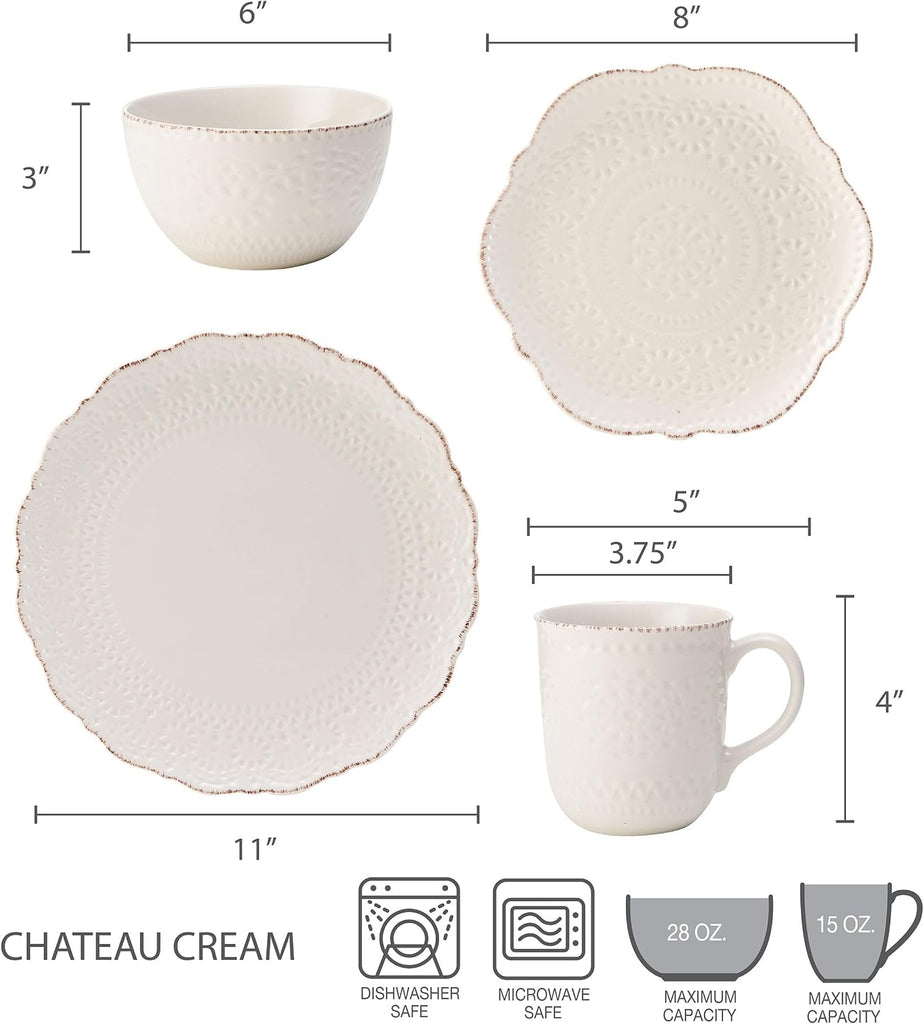 Chateau Cream 16-Piece Stoneware Dinnerware Set, Service for 4, Off White