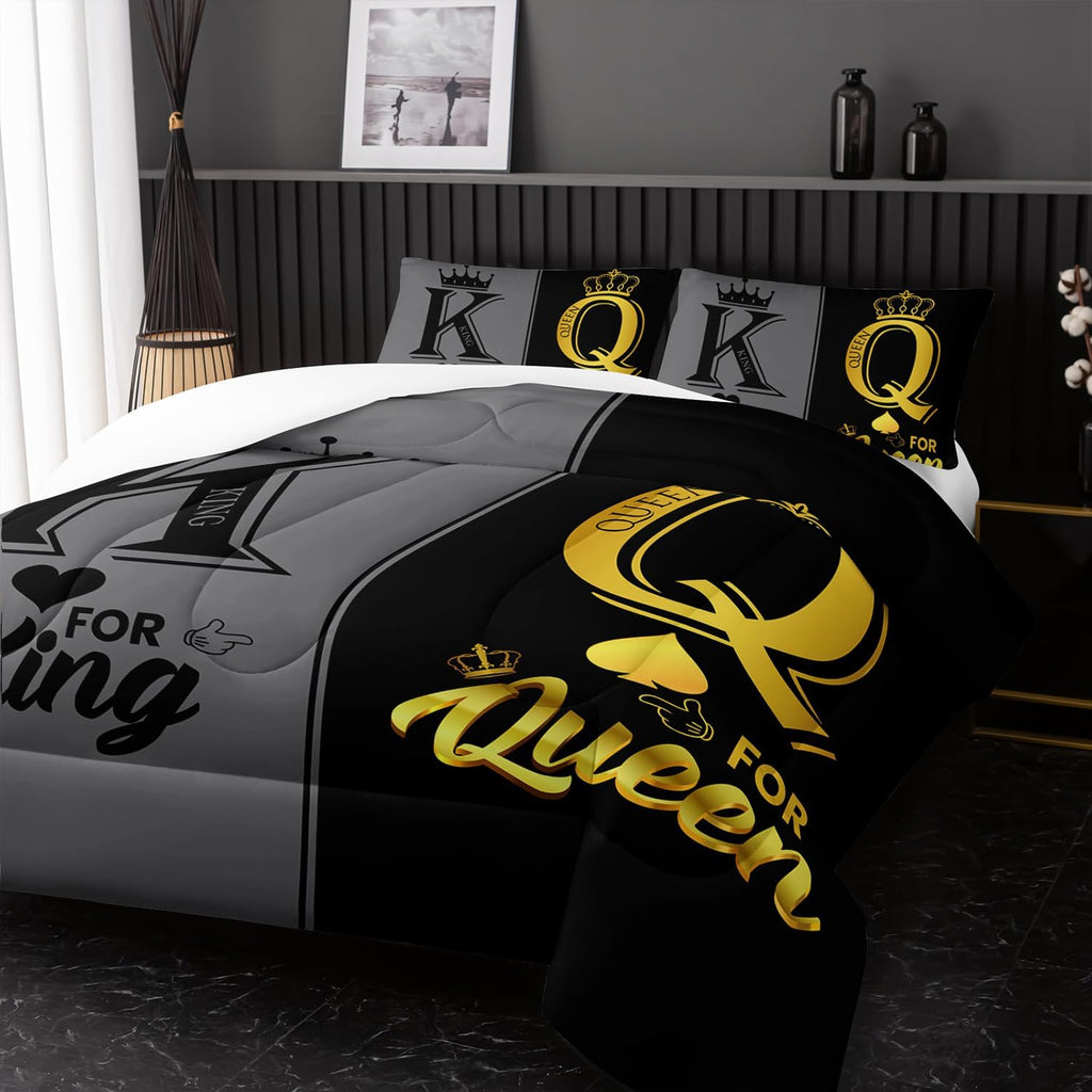 King and Queen Crown Comforter Set Black and Gray Couple Bedding Set，3Pcs Mr Mrs Comforter Set for Adults Couple Men