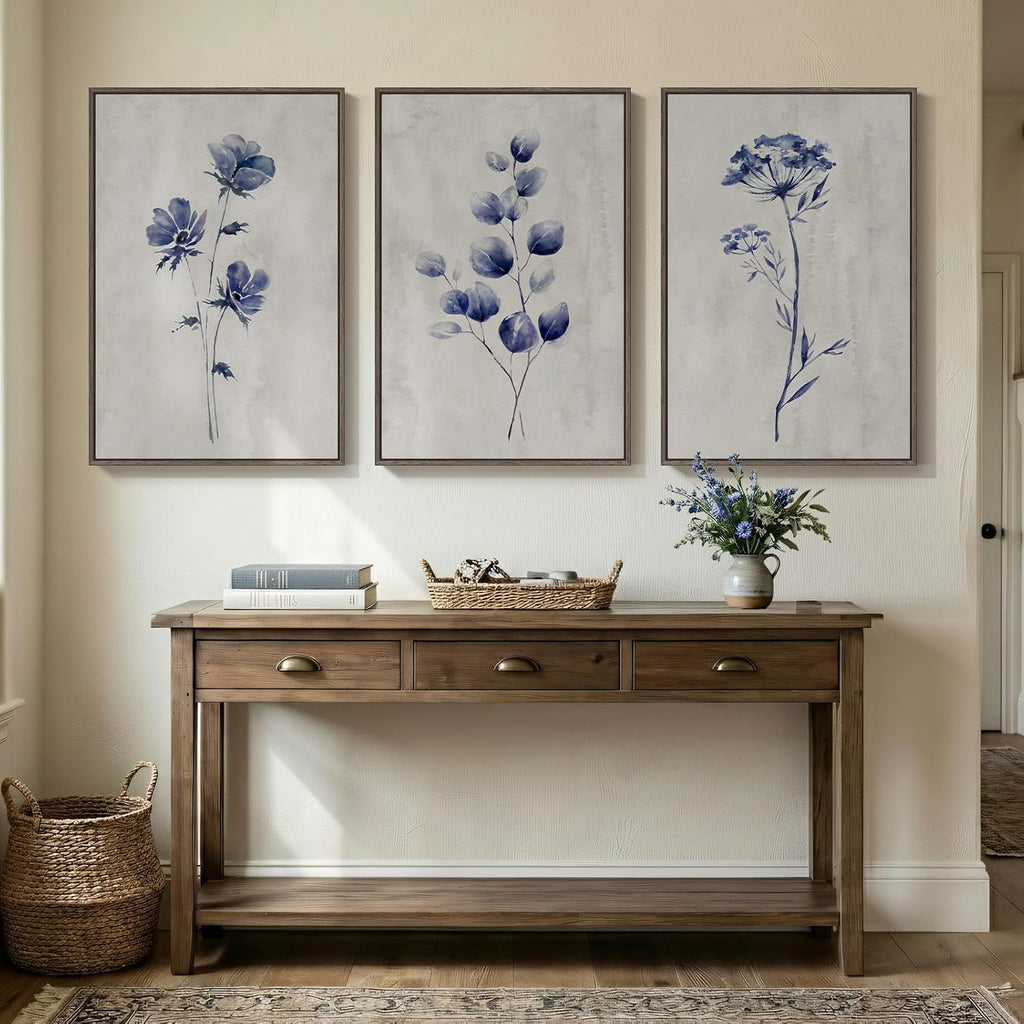 Framed Boho Floral Wall Art , 3 Piece Blue Minimalist Botanical Canvas Painting Prints, Modern Rustic Watercolor