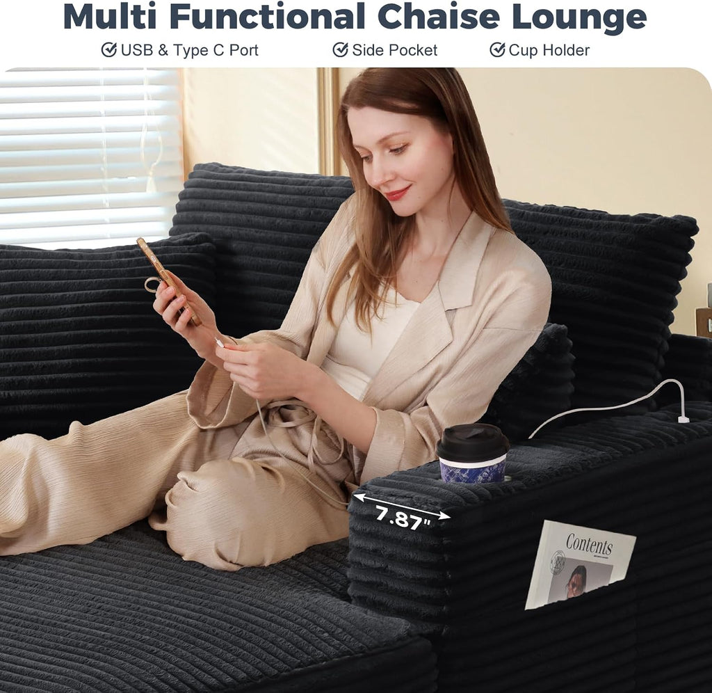 60" Chaise Lounge Chair Indoor, Wood Frame, Black | Oversized Sofa Bed, USB Port and 2 Cup Holders, Comfy Plush Faux