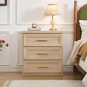 Night Stand with 3 Drawer 26" Fluted Wooden Tall Nightstand Metal Handle Living Room Bedside Table Modern Style