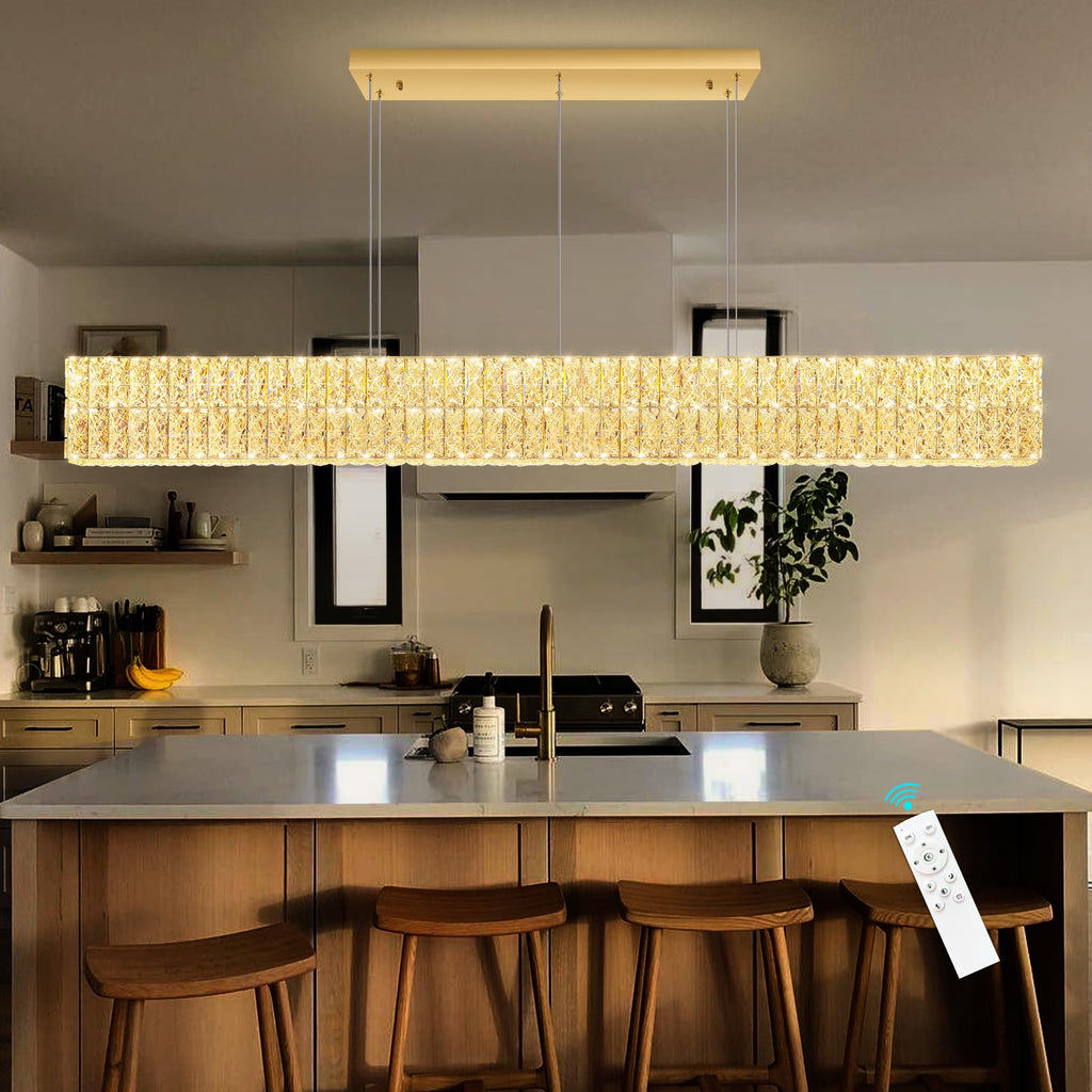 Rectangular Crystal Chandelier Dimmable LED Linear Chandeliers Remote Ceiling Pendants Light Fixture Island Gold