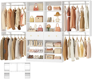 [10 FT Closet System] 120 Inch Reversible Set of 2 Wood Closet Organizer System with 2 Drawers, 4 Hanging Rods