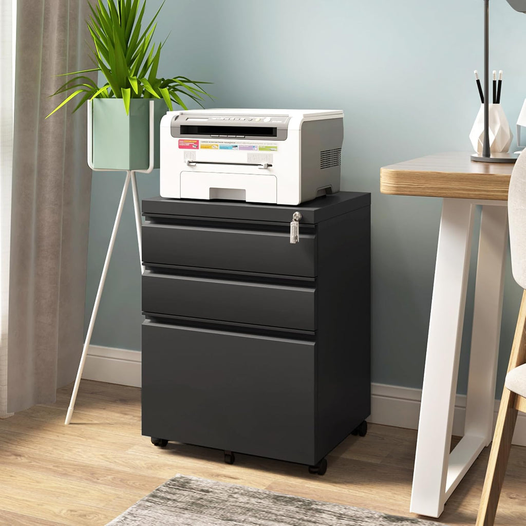 3 Drawer File Cabinet , Under Desk Mobile Filing Cabinet with Lock for A4-Size/Letter-Size/Legal-Size, Black (HSEJ-3D)