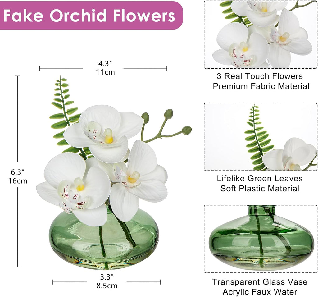 White Orchids Artificial Flowers Faux Orchids Arrangement in Light Green Glass Vases Set of 3 Real Touch Phalaenopsis