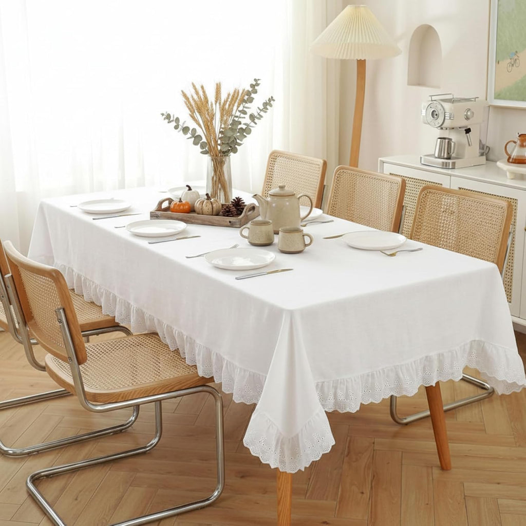 Vintage White Ruffle Tablecloth Retro Farmhouse Ruffled Cotton Tablecloth Rustic Embroidered Washabl
