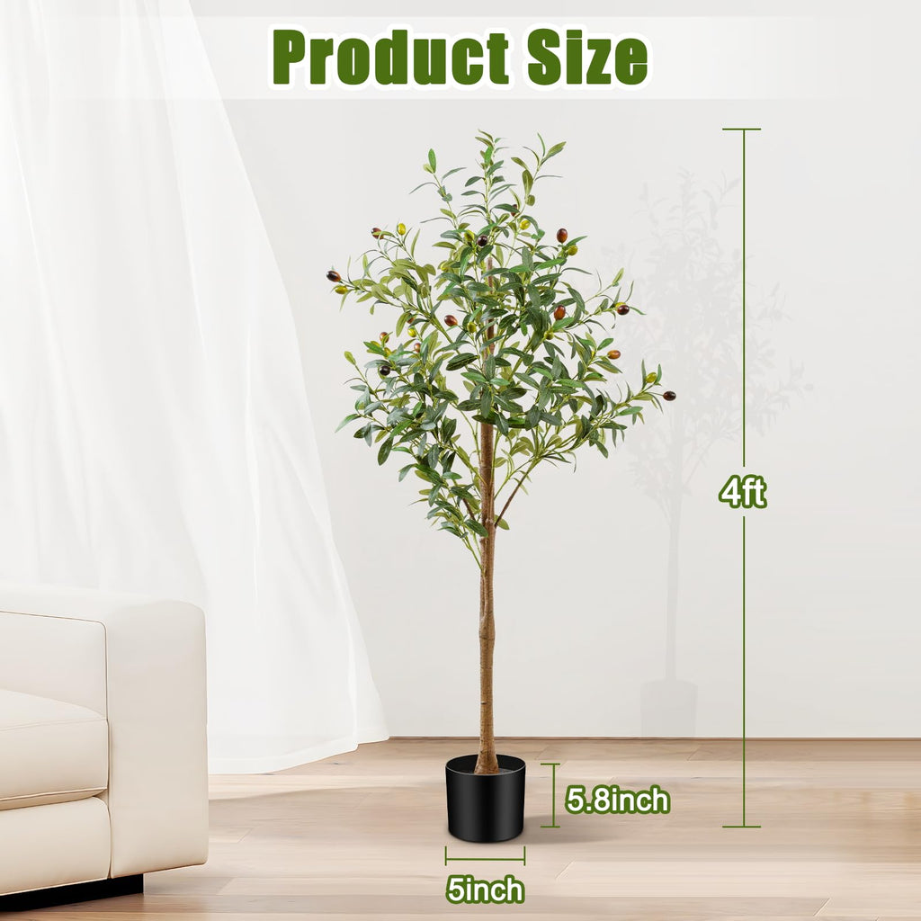 4FT Artificial Olive Tree Indoor, Tall Faux Olive Tree with Pot&Basket, Large Fake Olive Tree with Realistic 576 Silk