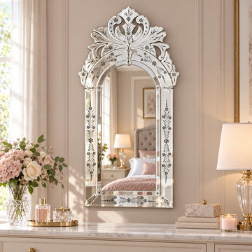 40" x 21" Arched Decorative Mirror Floral Etched Bathroom Vanity Mirror for Wall