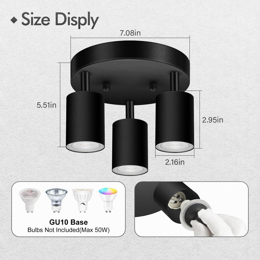3 Light Track Lighting Fixtures Ceiling, Matte Black Round Directional Ceiling Spotlight, GU10 Flush Mount